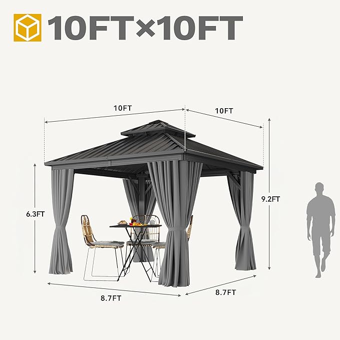 DWVO 10x10ft Gazebo Double Roof Hardtop with Nettings and Curtains, Heavy Duty Galvanized Steel Outdoor Vertical Stripes Roof for Patio, Backyard, Deck, Lawns, Grey