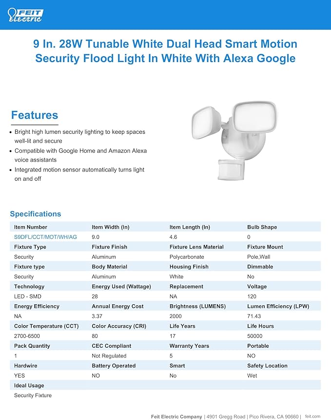 Feit Electric Smart Outdoor Flood Lights with Motion Sensor, 28W LED WiFi Security Light with Dusk to Dawn Compatible with Alexa and Hey Google, Tunable White, 2 Head, Hardwired, S9DFL/CCT/MOT/WH/AG