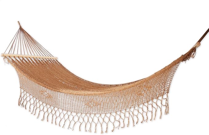 NOVICA Metallic Copper Brown Hand Woven Nylon Mayan 1 Person Rope Hammock with Spreader Bars and Crochet Fringe, 'Maya Bronze' (Single)
