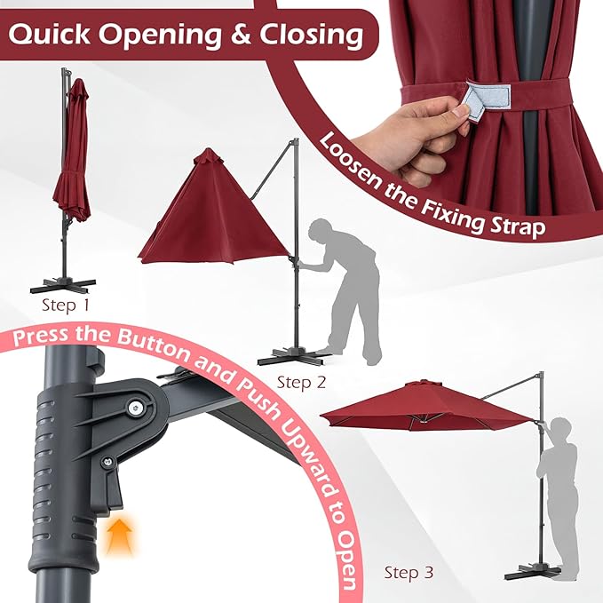 Tangkula 10FT Patio Umbrella, Offset Cantilever Outdoor Umbrella with 360 Degree Rotation, Air Vent, Cross Base for Pool Deck Garden Backyard (Wine)