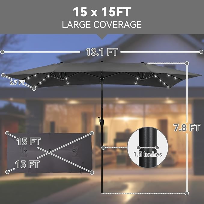 15×15ft Outdoor Patio Umbrella, Double Sided Market Rectangle Umbrella with Crank Handle, Large Sun Shade for Outside Deck, Backyard, Garden