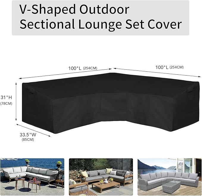 Easy-Going 600D Patio V-Shaped Sectional Sofa Cover, Waterproof Outdoor Sectional Cover,Heavy Duty Garden Furniture Cover with Air Vent 100" L (on Each Side) x 33.5" D x 31" H, Black