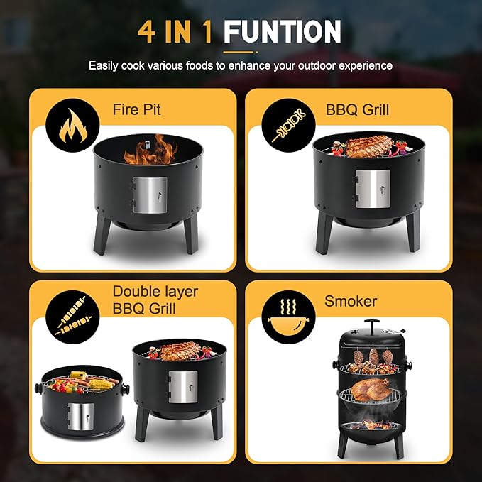 MASTER COOK 16 inch Charcoal Smoker, Vertical BBQ Grill, Heavy Duty 4 In 1 Fire Pit with built-in Thermometer & Adjustable Vent System for Backyard Patio Camping