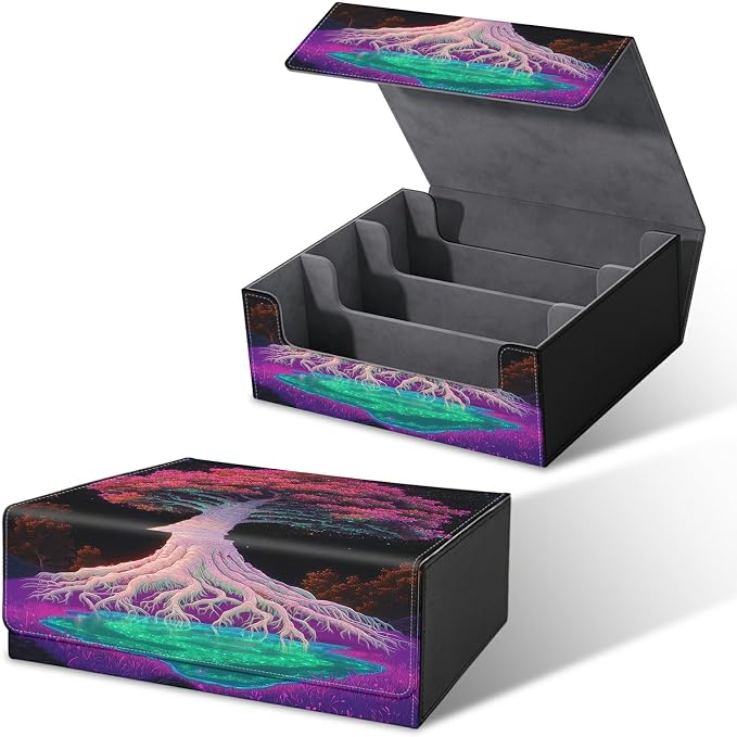 Large Card Deck Box for MTG, Fits 1200+ Sleeved Cards, PU Leather Storage Case with Strong Magnetic Closure, Multiple Colors Available for TCG CCG Baseball Card Collections, Pink Trees