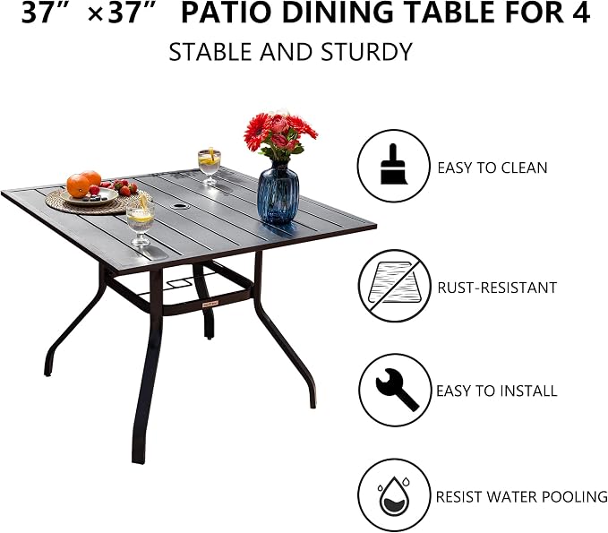 Sour Citrus 37" Outdoor Square Metal Patio Dining Table for 4 with 1.57" Umbrella Hole and Adjustable Feet, Weather-Resistant Steel Slat Table for Garden, Backyard, Balcony, or Deck, Black