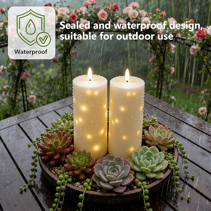 kakoya Large Solar Flameless Candles Outdoor Waterproof 10" x 4",2Pcs LED Pillar Candles Included Rechargeable Solar Battery with Embedded Star String for Outdoor Porch,Patio Decor(White)