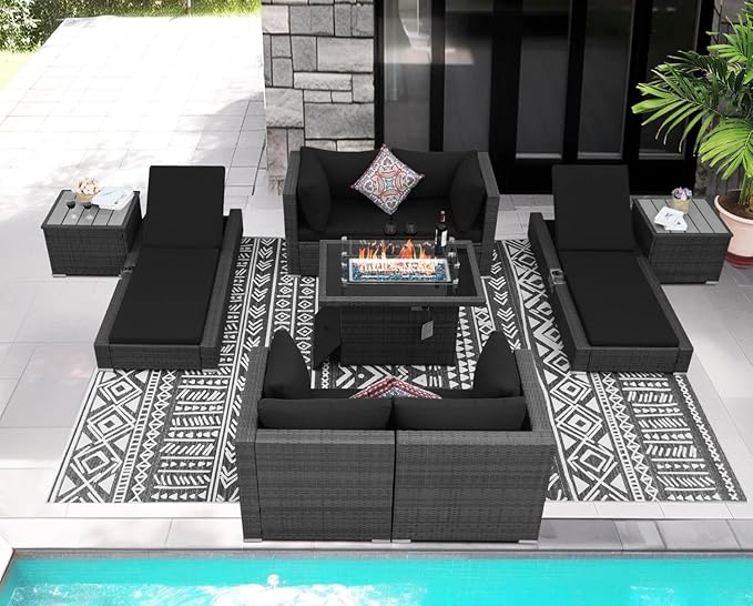 NICESOUL 9 Piece Patio Furniture Set with Firepit, Modern Outdoor Sectional Couch with Chaise Lounge, Comfy 29.3'' High-Back Backyard Seating, All-Weather Modular Sofa for Garden, Yard, Grey & Black
