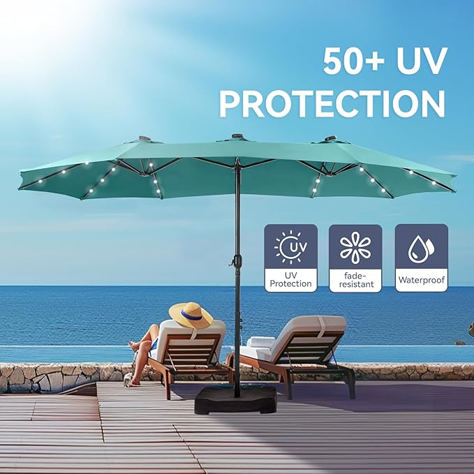 GREEN PARTY 15 ft Large Outdoor Patio Umbrella with Solar Led Lights & Base Included, Double-Sided Rectangular Table Umbrella with Stand, Market Umbrellas for Deck Poolside Garden Backyard, Turquoise