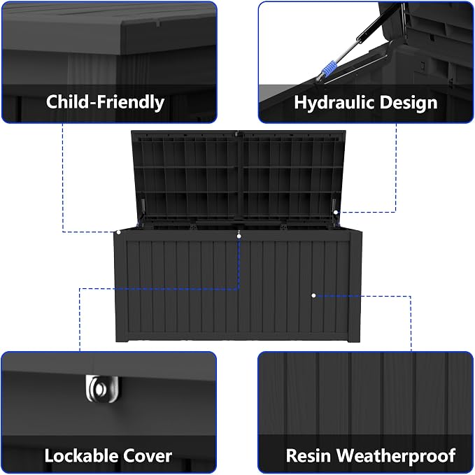 150 Gallon Outdoor Storage Box Resin Deck Box All Weather Waterproof Large Lockable Storage Container Deck Box for Patio Furniture, Garden Tools, Lockable, Black