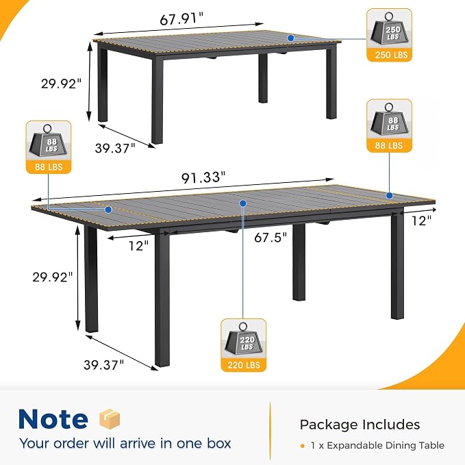 RoyalCraft Aluminum Outdoor Patio Table and Chairs Set with 91.33" L -39.37" W Expandable Dining Table, 9-Pieces Patio Furniture Set for 8, Patio Table Set with Stackable Quick Drying Chairs, Grey