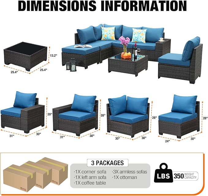 7 Pieces Patio Furniture Set,Wicker PE Rattan Outdoor Sectional with Cushion & Coffee Table, Patio Conversation Sofa for Garden, Backyard, Poolside, Peacock Blue