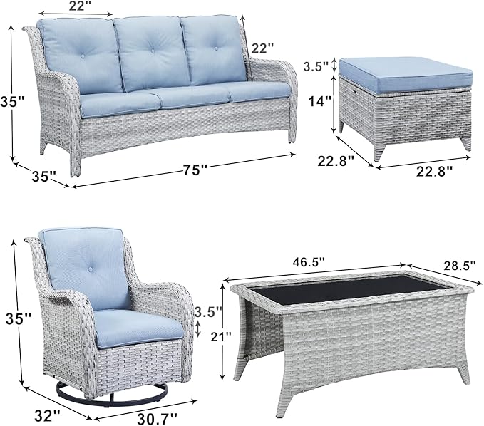 Rilyson Patio Furniture Swivel Chairs Set - 7 PC Wicker Rattan Outdoor Sectional Conversation Sets with Rocking Chairs,Ottoman,Sofa and Coffee Table for Porch Deck Garden(Light Grey/Sky Blue)