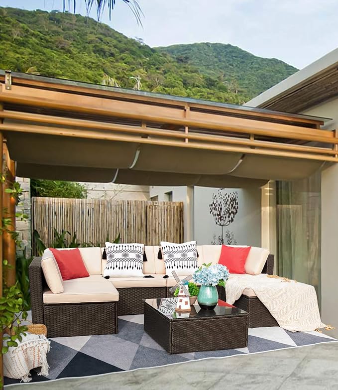 Devoko 7 Pieces Patio Furniture Sets All-Weather Outdoor Sectional Sofa Manual Weaving Wicker Rattan Patio Conversation Set with Cushion and Glass Table (Beige)