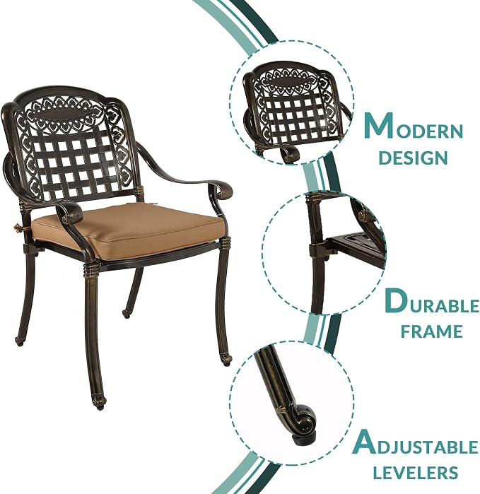 MEETWARM 3 Piece Patio Bistro Set, Outdoor All-Weather Cast Aluminum Dining Furniture Set Includes 2 Chairs with Cushions and a 31” Round Table with Umbrella Hole for Garden Deck