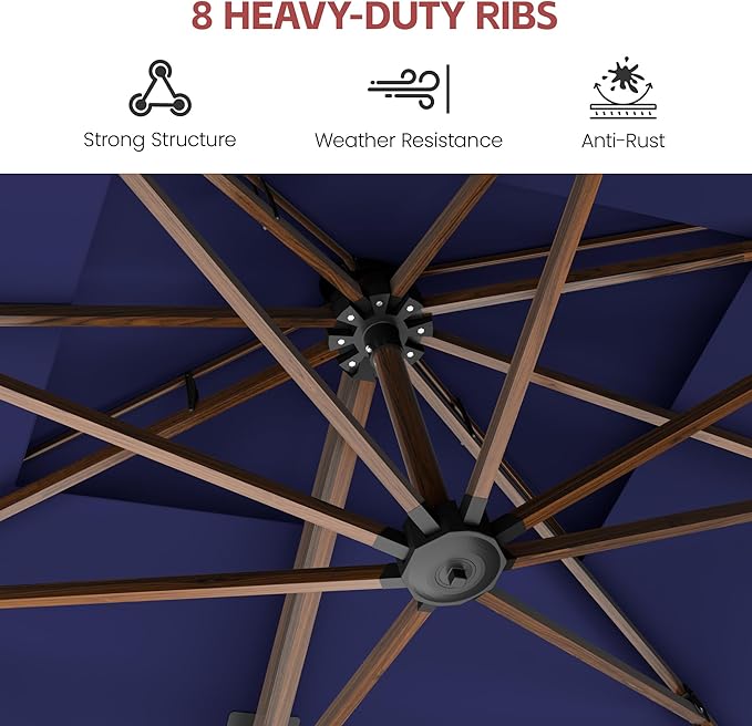 GENTEACO 10x13FT Rectangle Cantilever Patio Umbrella w/Base Included, Deluxe Wood Pattern Pole & 7 Angle Tilts, 360° Rotation, Offset Hanging Market Umbrellas for Garden Pool Patio, Navy Blue