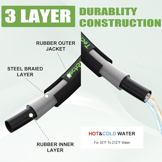 3/8" 4800PSI Pressure washer hose 100ft for cold and hot water Max 248°F with 3/8"quick connect Kink resistant Steel Wire Braided Power Washer Hose with M22 14mm Adapter,Green