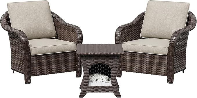 Patio PE Rattan Chairs Set of 2 with Cat Nest End Table, All-Weather & Steel Frame Outdoor Conversation Furniture Set with Washable Cushions for Garden, Bistro, Deck, Yard (Beige)