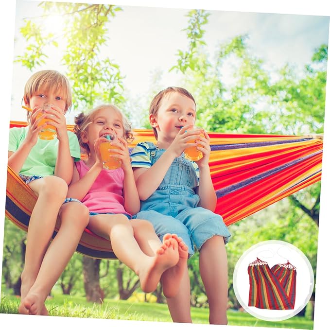 Single-Person Striped Canvas Hammock with Anti-tip Design, Widened Rainbow Outdoor Swing for Travel and Leisure, Red Cotton Fabric Suitable for Camping and Patio Use