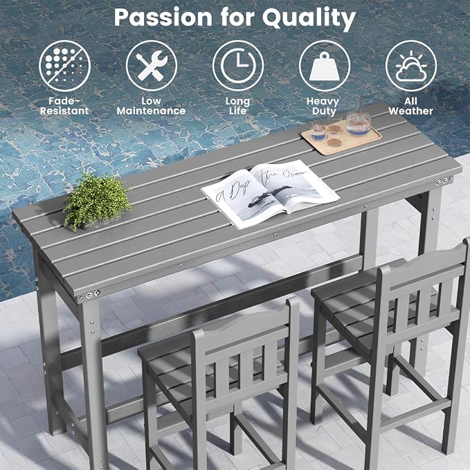 Sundale Outdoor Bar Table, 41 Inch Height Adirondack Rectangle Bar Table, All Weather Patio Bar Counter Height Table for Outside Backyard Balcony Poolside (Grey)
