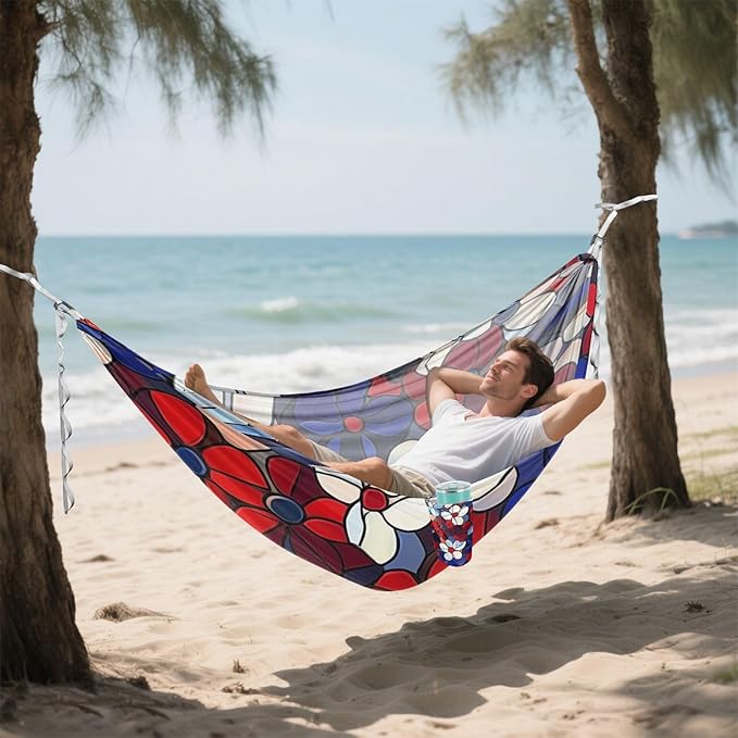 Red and Blue American Flowers 330lb Capacity Outdoor Hammock Cloth Hammock for Patio Backyard Lounge Base hamacas para Deck