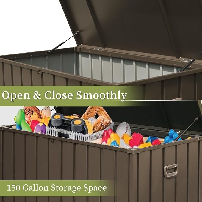 150 Gallon Outdoor Deck Box, Metal Lockable Storage Cabinet with Mobility Rollers & Side Handles, Waterproof Steel Bench for Patio Outside Furniture Cushions,Pillows,Garden Tools (Brown)