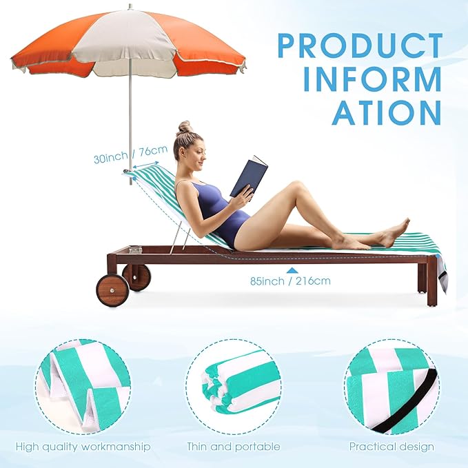 Fumete 2 Pack Lounge Chair Covers 30 x 85 Inch Pool Chaise Lounge Towels Microfiber Beach Chair Towel Portable Striped Outdoor Patio Furniture Cover for Sunbathing Picnic Spa(Turquoise)