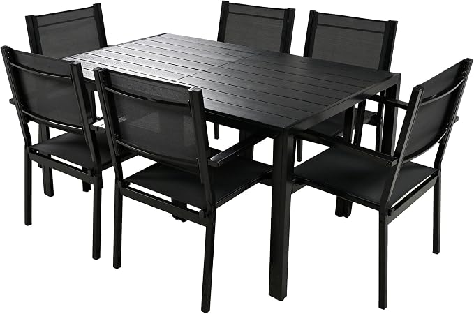 RuiSiSi 7 Pieces Outdoor Dining Table Set for 6, Steel Patio Dining Table and 6 Textilene Chairs for Yard, Garden, Porch and Poolside (Black)