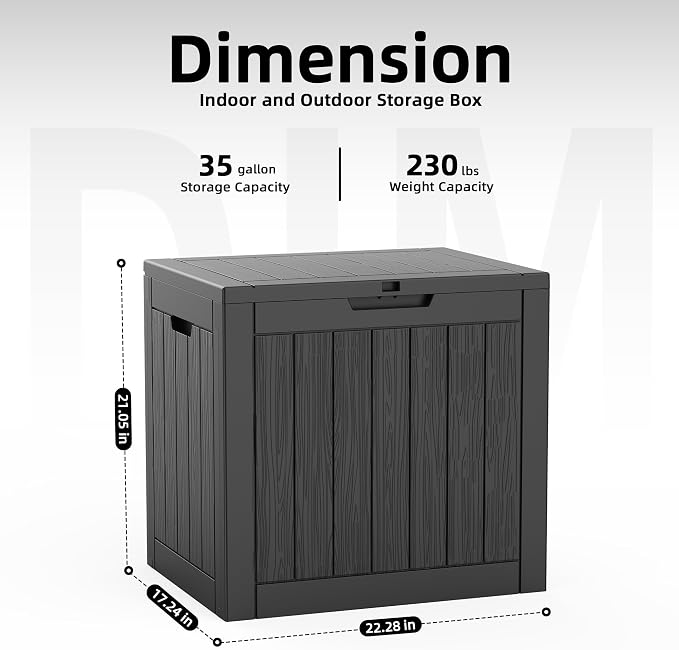 PatioZen 35 Gallon Deck Box Outdoor, Weatherproof Resin Patio Storage Box, Waterproof Outdoor Storage Boxes with Lid Lockable for Cushions, Garden Tools,Black