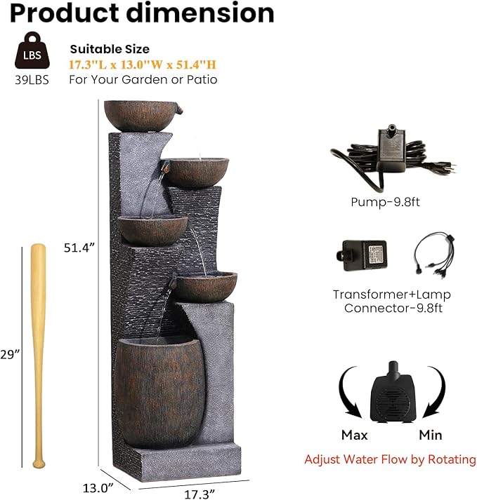 Bumilgar51.4 H Water Fountain Outdoor&Indoor, 5-Tiers Cascading Modern Feature Crocks Garden Fountains and Waterfalls with Warm Lights for Porch, Deck, Patio, Home Décor (Gray)