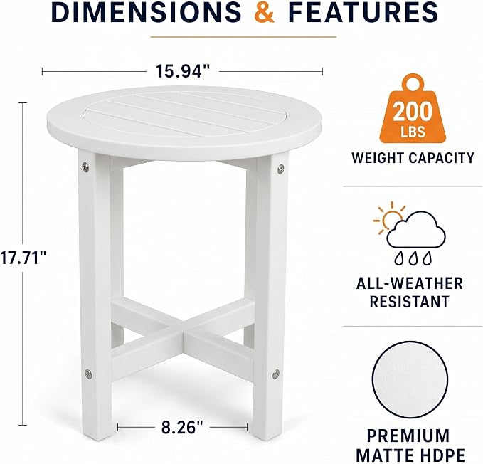 GDFStudio HDPE Outdoor Side Table, Small Patio End Table, All-Weather Round Accent Table for Porch Balcony Deck Poolside, White