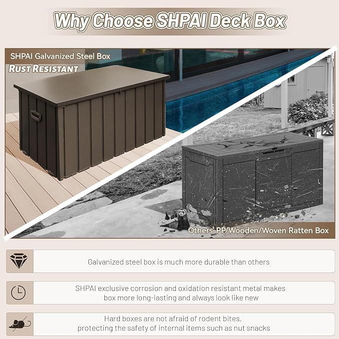 190 Gallon Metal Deck Box, Waterproof Steel Outdoor Box, Large Patio Furniture Storage Cabinet, Lockable Storage Bench for Porch Package Delivery, Pillows, Cushions, Pool, Tools, Backyard, Brown