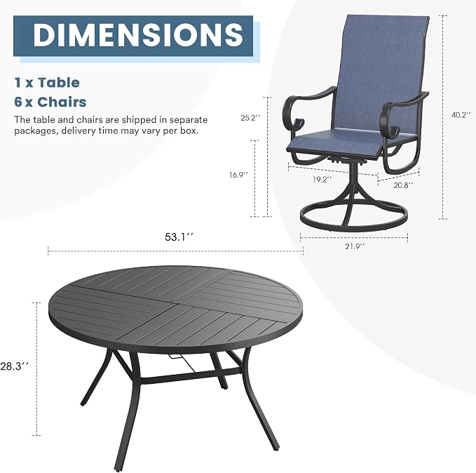 DIFY 7 Piece Outdoor Dining Set for 6, 53.1" Black Round Metal Dining Table with Umbrella Hole and Swivel Patio Chairs with Blue Textilene Fabric, Patio Table and Chairs Set for Garden Backyard Deck
