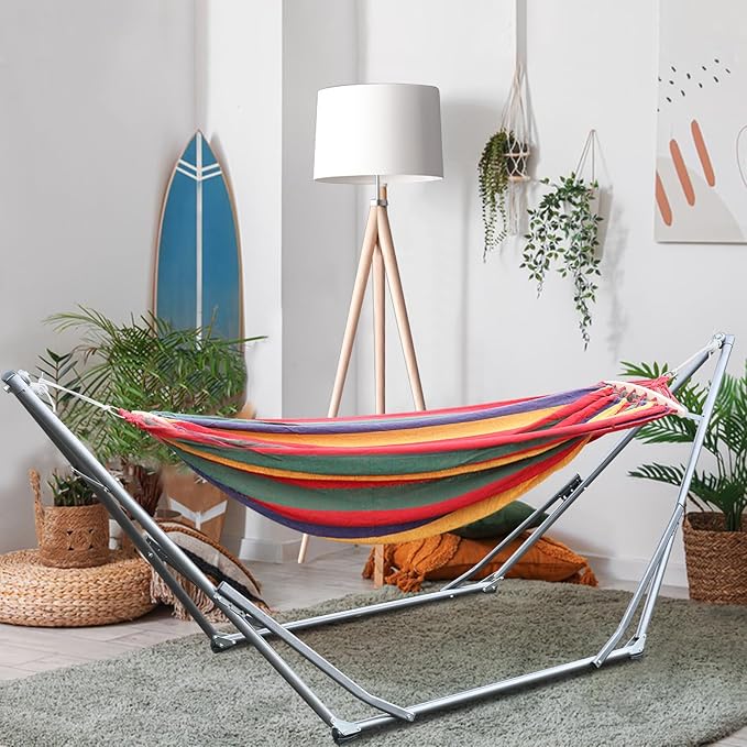 Double Hammock, Portable Hammock with Space Saving Metal Stand and Carrying Bag, Heavy Duty Hammock with Stand for Indoor Outdoor Courtyards Porch Deck Garden, 440 lb Capacity (Red)