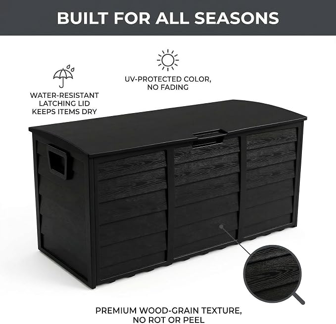 75 Gallon Outdoor Storage Box, 260L Waterproof Resin Deck Box for Patio Furniture Cushions, Garden Tools and Yard Accessories, Lockable Storage Chest with Wheels and Handles (Black)