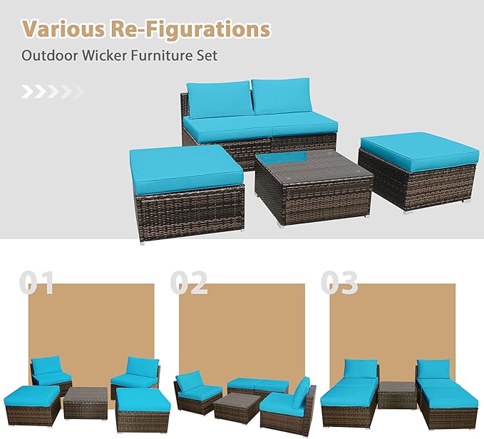 Tangkula 5 Piece Wicker Lounge Chair Set, with Tempered Glass Coffee Table, Outdoor Conversation Sets w/Washable Zippered Cushions, Includes 2 Armless Sofas, 2 Ottomans and 1 Side Table (Turquoise)