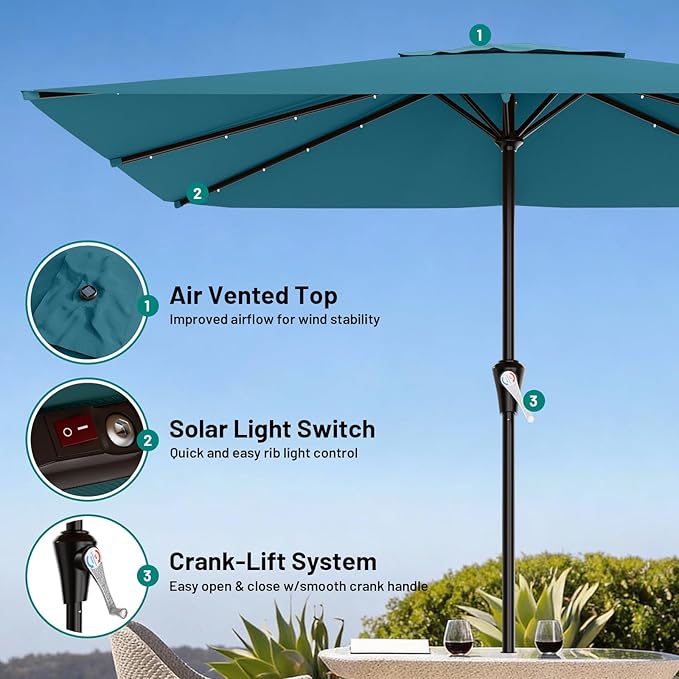 AreShark 8' X 10' Rectangular Patio Umbrella with Solar Lights, Lighted Solar Umbrella with Crank, Outdoor Table Umbrella for Garden, Deck, Backyard, Pool and Beach, Lake Blue