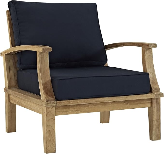 Modway Marina Premium Grade A Teak Wood 8-Piece Outdoor Patio Furniture Set in Natural Navy