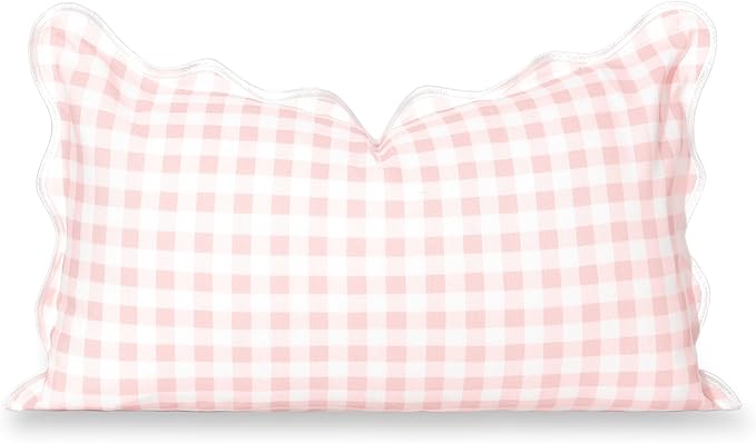 Hofdeco Premium Grandmillennial Patio Indoor Outdoor Lumbar Pillow Cover Only, 12"x20" Water Repellent for Backyard, Couch, Poolside, Blush Pink Print Gingham