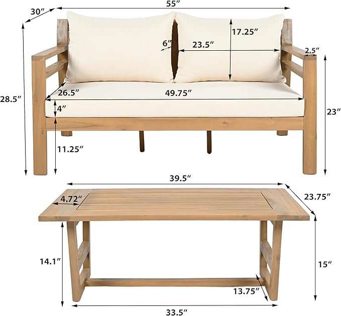 Christopher Knight Home Jamaia 2 Pieces Acacia Furniture Set, Patio Conversation Chat 2-Seat Sofa Set with Coffee Table, Outdoor Acacia Loveseat Set for Garden Porch Backyard Balcony, Light Teak+Beige