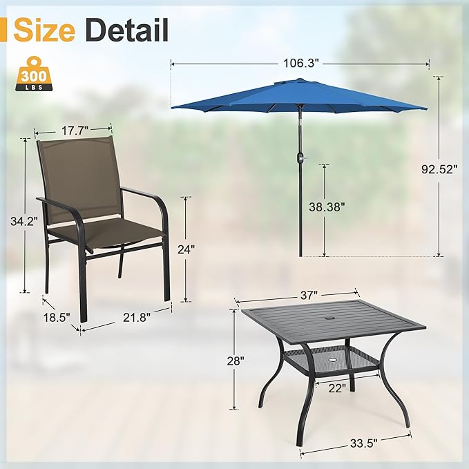 Crownland 5 Piece Patio Dining Set, Outdoor Textilene Dining Sets, 4 Textilene Metal Chairs and Square Outdoor Dining Table with Dark Blue 9FT Round Outdoor Umbrella (Brown)