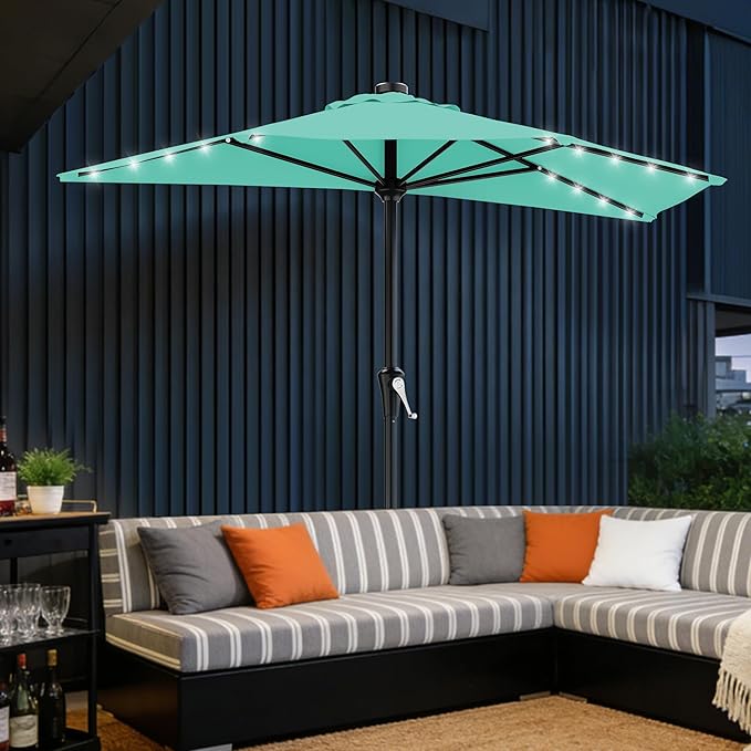 AreShark 9ft Patio Half Umbrellas with Solar Lights, 1/2 LED Half Outdoor Umbrella w/ 20 LED Lights, Lighted Table Wall Umbrella with Crank & 5 Sturdy Ribs for Market, Pool, Deck, Lawn and Garden, Teal Blue