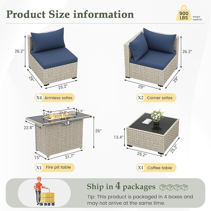UDPATIO Patio Furniture Set with Fire Pit Table, 8 Pieces Outdoor Sectional Sofa, PE Wicker Patio Conversation Set for Garden, Backyard Blue