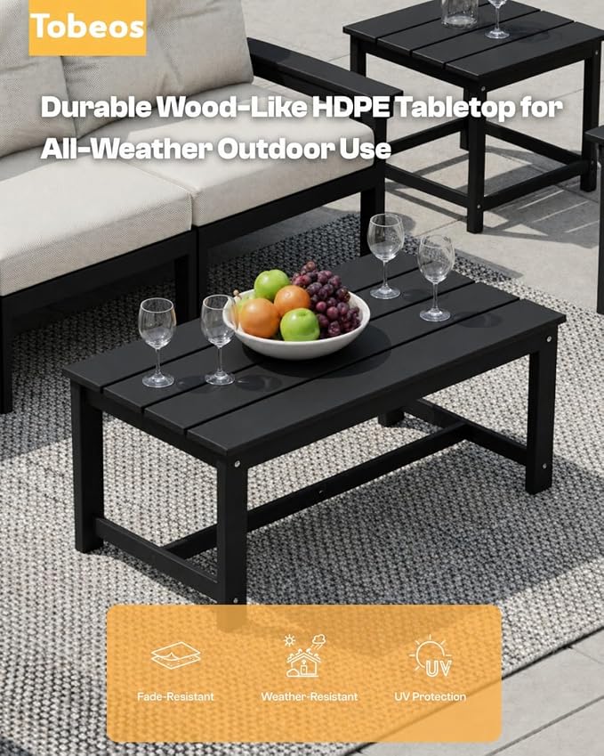 HDPE 7 Piece Patio Furniture Set, All-Weather Outdoor Couch Set with Thick Cushions & Coffee Table & Side Table, Patio Conversation Sets for Lawn, Garden, Porch, Balcony, Deck, Black & Beige