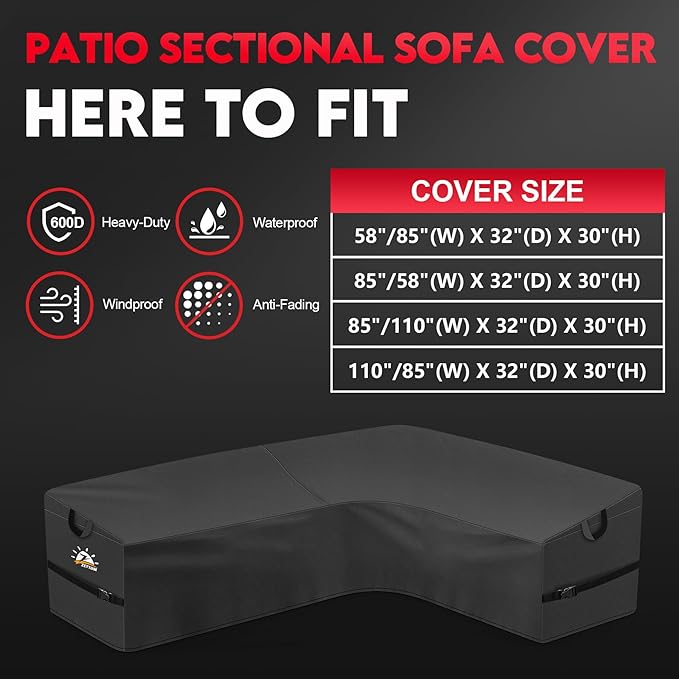 Zettum Outdoor L-Shaped Sectional Cover - 600D Patio Sectional Sofa Cover, Waterproof Patio Furniture Covers for 6-Seater Outdoor Sectional Sofa and Couch, Right Facing, 110x85 Inch Wide