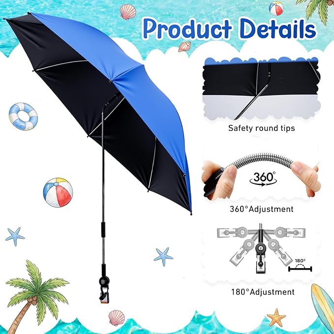 Sadnyy 6 Pcs Beach Chair Umbrella with Universal Clamp, 360 ° Adjustable Clip on Umbrellas 42" UPF 50+ Portable Sun Shade for Beach Chair Patio Camping Wheelchair Stroller Golf Cart