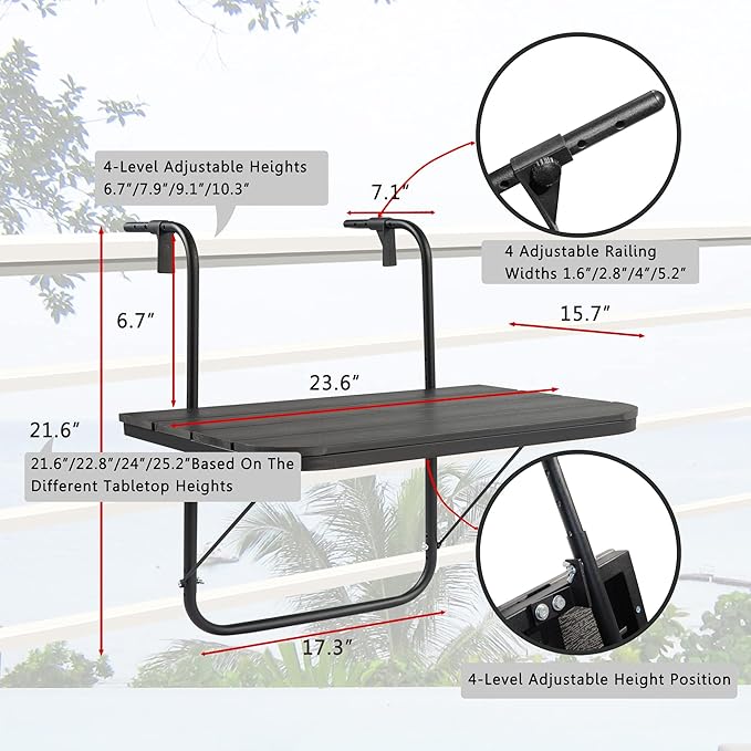 Balcony Railing Table Hanging Folding Deck Railing Table Outdoor Balcony Bar Tables for Railings Hanging Patio Adjustable Aluminium 23.6"(L) x 15.7"(W) All Weather Black