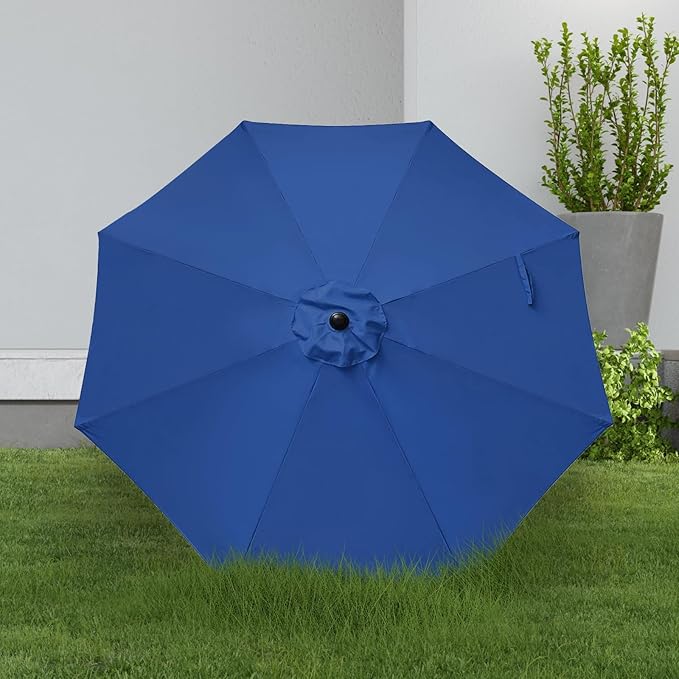 YSSOA 9' Patio Umbrella with 50lbs 20" Capacity Fillable Heavy Duty Round Base, 8 Sturdy Ribs, for Outdoor Lawn, Deck, Poolside, Blue and Black