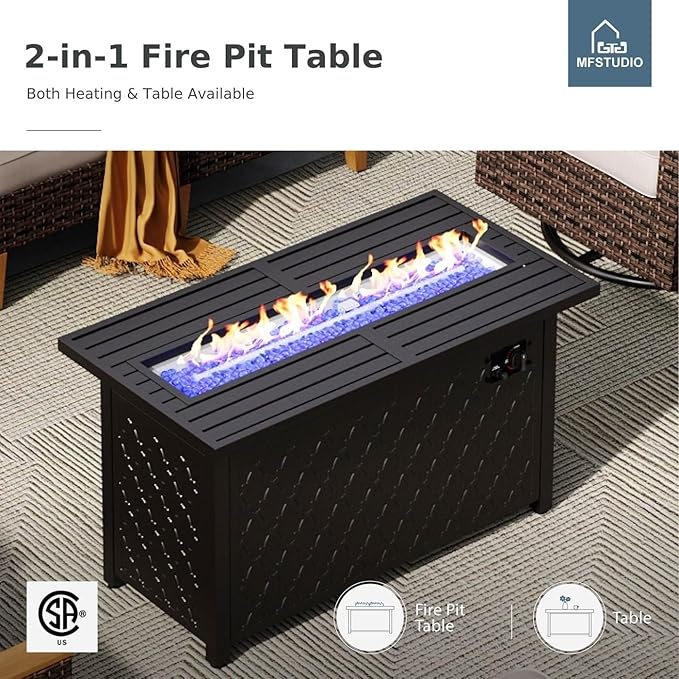 MFSTUDIO 9 Piece Wicker Patio Furniture Sets with Fire Pit Table, 4 x Swivel Chair, 2 x Ottoman, 2 x Corner Sofa, All-Weather PE Rattan Patio Conversation Set Outdoor Sectional Sofas(Beige Cushions)