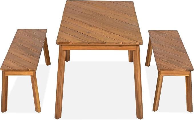 GDFStudio 3-Piece Acacia Wood Table and Bench Dining Set, Outdoor and Indoor Picnic Furniture with 2 Benches, Beer Table Set for Patio, Porch, Garden, Poolside, Natural Finish