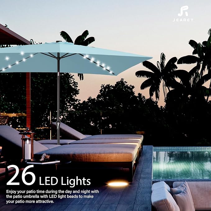 JEAREY 6.5x10 ft Rectangular LED Lighted Patio Umbrellas Outdoor Solar Table Market Umbrella w/Push Button Tilt/Crank, 6 Sturdy Ribs, UV Protection Waterproof Sunproof(Lake Blue)